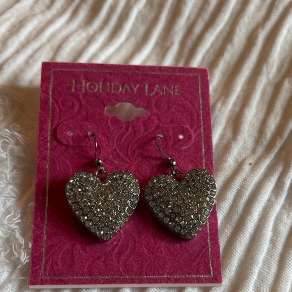 Holiday Lane Heart Shaped diamond gem Silver dangle Earrings